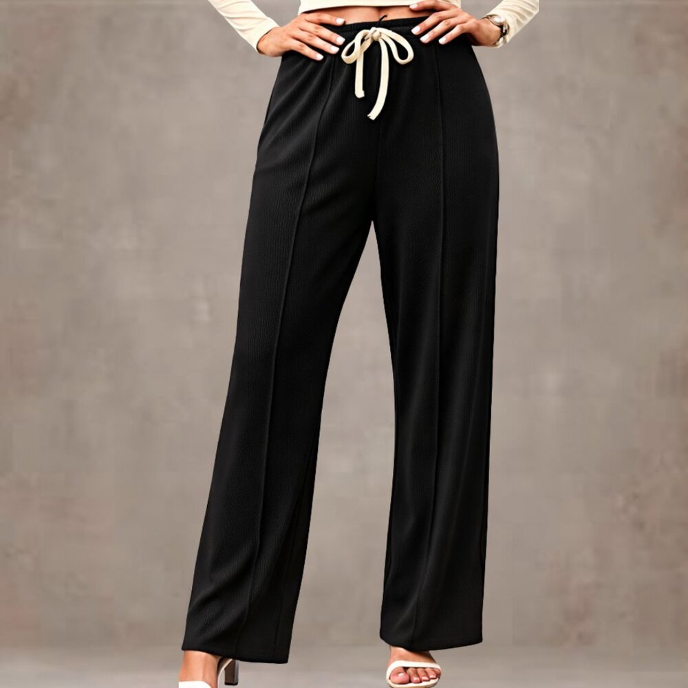 BTFBM Black Wide Leg Pants | Elastic Waist Drawstring Lounge Trouser | Minimal